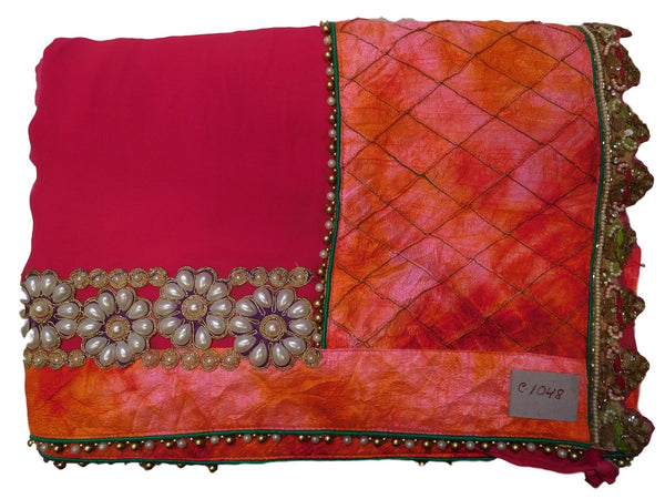 Pink Designer PartyWear Georgette (Viscos) Pearl Zari Stone Cutdana Hand Embroidery Work Saree Sari