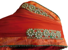 Red Designer PartyWear Georgette (Viscos) Pearl Zari Stone Cutdana Hand Embroidery Work Saree Sari