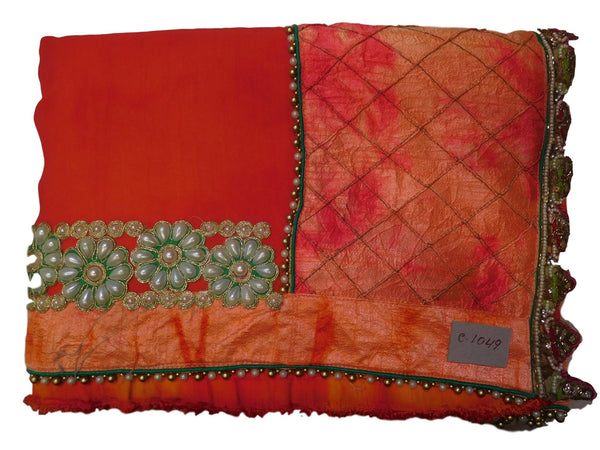 Red Designer PartyWear Georgette (Viscos) Pearl Zari Stone Cutdana Hand Embroidery Work Saree Sari