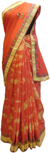 Orange Tie & Die Designer PartyWear Georgette (Viscos) Pearl Zari Stone Thread Hand Embroidery Work Saree Sari