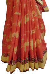 Orange Tie & Die Designer PartyWear Georgette (Viscos) Pearl Zari Stone Thread Hand Embroidery Work Saree Sari