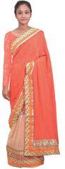 Red & Orange Designer PartyWear Crepe (Chinon) Pearl Zari Stone Cutdana Hand Embroidery Work Lahenga Style Saree Sari C1052
