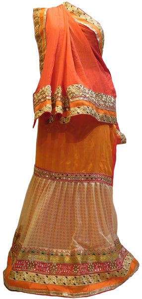 Red & Orange Designer PartyWear Crepe (Chinon) Pearl Zari Stone Cutdana Hand Embroidery Work Lahenga Style Saree Sari C1052