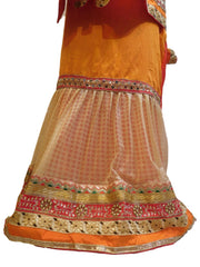 Red & Orange Designer PartyWear Crepe (Chinon) Pearl Zari Stone Cutdana Hand Embroidery Work Lahenga Style Saree Sari C1052