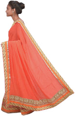 Red & Orange Designer PartyWear Crepe (Chinon) Pearl Zari Stone Cutdana Hand Embroidery Work Lahenga Style Saree Sari C1052
