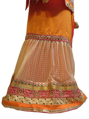 Red & Orange Designer PartyWear Crepe (Chinon) Pearl Zari Stone Cutdana Hand Embroidery Work Lahenga Style Saree Sari