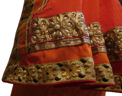 Red & Orange Designer PartyWear Crepe (Chinon) Pearl Zari Stone Cutdana Hand Embroidery Work Lahenga Style Saree Sari C1052