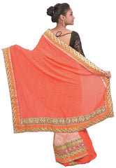 Red & Orange Designer PartyWear Crepe (Chinon) Pearl Zari Stone Cutdana Hand Embroidery Work Lahenga Style Saree Sari C1052