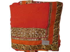 Red & Orange Designer PartyWear Crepe (Chinon) Pearl Zari Stone Cutdana Hand Embroidery Work Lahenga Style Saree Sari C1052