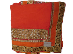 Red & Orange Designer PartyWear Crepe (Chinon) Pearl Zari Stone Cutdana Hand Embroidery Work Lahenga Style Saree Sari