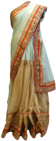 Blue & Beige Designer PartyWear Crepe (Chinon) Mirror Zari Stone Cutdana Hand Embroidery Work Lahenga Style Saree Sari