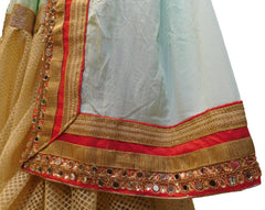 Blue & Beige Designer PartyWear Crepe (Chinon) Mirror Zari Stone Cutdana Hand Embroidery Work Lahenga Style Saree Sari