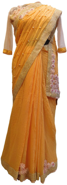 Peach Designer PartyWear Georgette (Viscos) Pearl Zari Thread Hand Embroidery Work Saree Sari