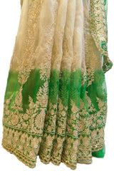 Green & Beige Designer PartyWear Bridal Georgette (Viscos) & Net Zari Thread Cutdana Sequence Stone Beads Hand Embroidery Work Wedding Saree Sari