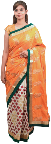 Orange & White Designer Silk Hand Embroidery Thread Zari Work Saree Sari
