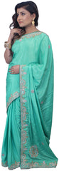 Turquoise Designer Crepe (Chinon) Hand Embroidery Cutdana Stone Work Saree Sari