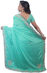 Turquoise Designer Crepe (Chinon) Hand Embroidery Cutdana Stone Work Saree Sari