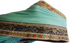 Turquoise Designer Crepe (Chinon) Hand Embroidery Bullion Sequence Zari Beads Thread Pearl Stone Work Saree Sari