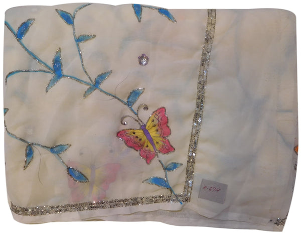 White Designer Georgette Hand Brush Floral Print Highlihted With Hand Embroidery Cutdana Sequence Work Saree Sari