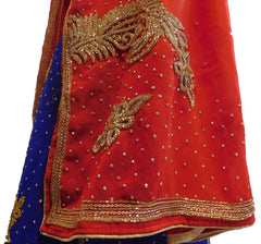 Red & Blue Designer Georgette Lahenga Style Hand Embroidery Cutdana Zari Thread Stone Work Saree Sari
