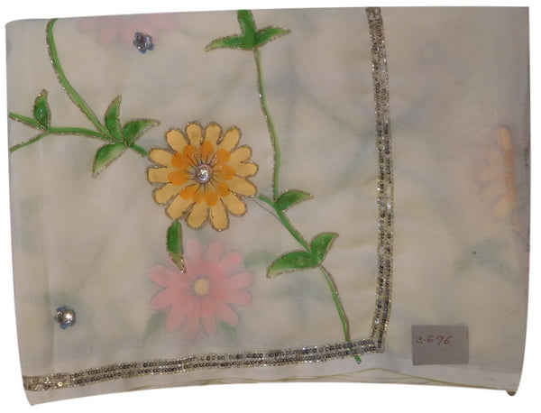 White Designer Georgette Hand Brush Floral Print Highlihted With Hand Embroidery Cutdana Sequence Work Saree Sari
