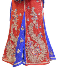 Blue & Red Designer Georgette Lahenga Style Hand Embroidery Cutdana Zari Thread Stone Work Saree Sari
