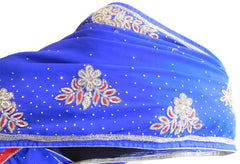 Blue & Red Designer Georgette Lahenga Style Hand Embroidery Cutdana Zari Thread Stone Work Saree Sari