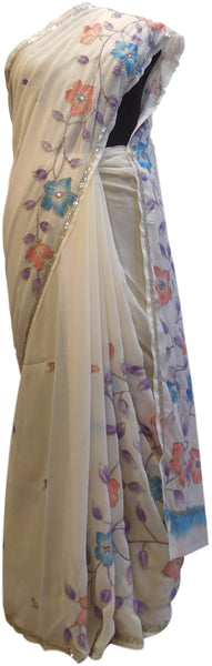 White Designer Georgette Hand Brush Floral Print Highlihted With Hand Embroidery Cutdana Sequence Work Saree Sari