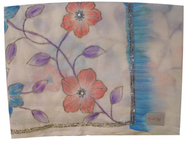 White Designer Georgette Hand Brush Floral Print Highlihted With Hand Embroidery Cutdana Sequence Work Saree Sari