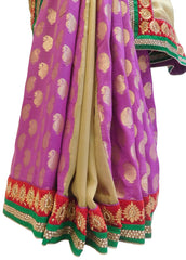 Beige & Purple Designer Georgette & Silk Hand Embroidery Zari Stone Work Saree Sari