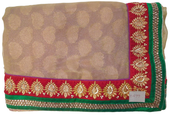 Beige & Purple Designer Georgette & Silk Hand Embroidery Zari Stone Work Saree Sari