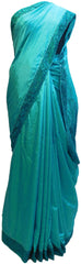 Turquoise Designer Silk Hand Embroidery Thread Stone Work Saree Cutwork Sari