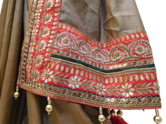 The Show Stopper Grey Designer Pure Satin Silk Hand Embroidery Zari Bullion Sequence Beads Thread Gota Pearl Work Saree Sari