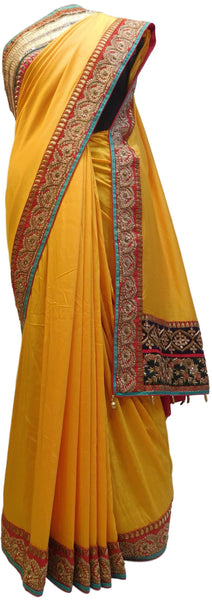 Yellow Designer Pure Satin Silk Hand Embroidery Zari Bullion Sequence Beads Thread Gota Pearl Work Saree Sari
