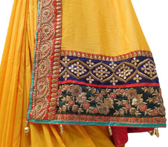 Yellow Designer Pure Satin Silk Hand Embroidery Zari Bullion Sequence Beads Thread Gota Pearl Work Saree Sari