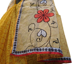 Yellow & Beige Designer Pure Supernet (Cotton) Print Highlighted With Hand Embroidery Thread Work Saree Sari