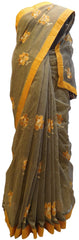 Grey Designer Pure Supernet (Cotton) Hand Embroidery Thread Work Saree Sari With Orange Taping