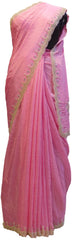 Pink Designer Crepe (Chinon) Hand Embroidery Pearl Beads Stone Work Saree Cutwork Border Sari