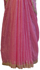 Pink Designer Crepe (Chinon) Hand Embroidery Pearl Beads Stone Work Saree Cutwork Border Sari
