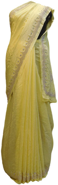 Yellow Designer Crepe (Chinon) Hand Embroidery Pearl Beads Stone Work Saree Cutwork Border Sari