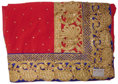 Red Designer Georgette Hand Embroidery Zari Stone Work Saree Sari With Blue Taping