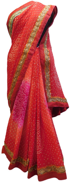 Red Orange Pink Designer Pure Georgette Bandhani Bandhej Hand Embroidery Zari Bullion Sequence Cutdana Work Saree Sari