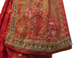 Red & Beige Designer Brasso Hand Embroidery Beads Stone Work Saree Sari