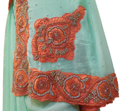 Sea Green Designer Chiffon Hand Embroidery Thread Cutdana Beads Stone Work Saree Sari