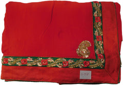 Orange & Red Designer Crepe (Chinon) Hand Embroidery Sequence Zari Bullion Thread Cutdana Beads Stone Work Bridal Wedding Saree Sari