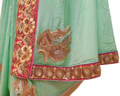 Sea Green Designer Crepe (Chinon) Hand Embroidery Sequence Zari Bullion Thread Cutdana Beads Stone Work Bridal Wedding Saree Sari
