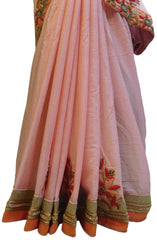 Pink Designer Crepe (Chinon) Hand Embroidery Sequence Zari Bullion Thread Cutdana Beads Stone Work Bridal Wedding Saree Sari