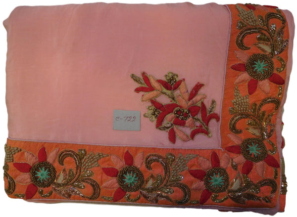Pink Designer Crepe (Chinon) Hand Embroidery Sequence Zari Bullion Thread Cutdana Beads Stone Work Bridal Wedding Saree Sari