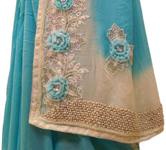 Blue & White Designer Georgette (Viscos) Hand Embroidery Thread Cutdana Pearl Beads Stone Work Saree Sari