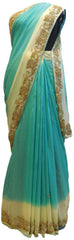 Turquoise & Cream Designer Georgette (Viscos) Hand Embroidery Beads Cutdana Thread Stone Work Saree Sari